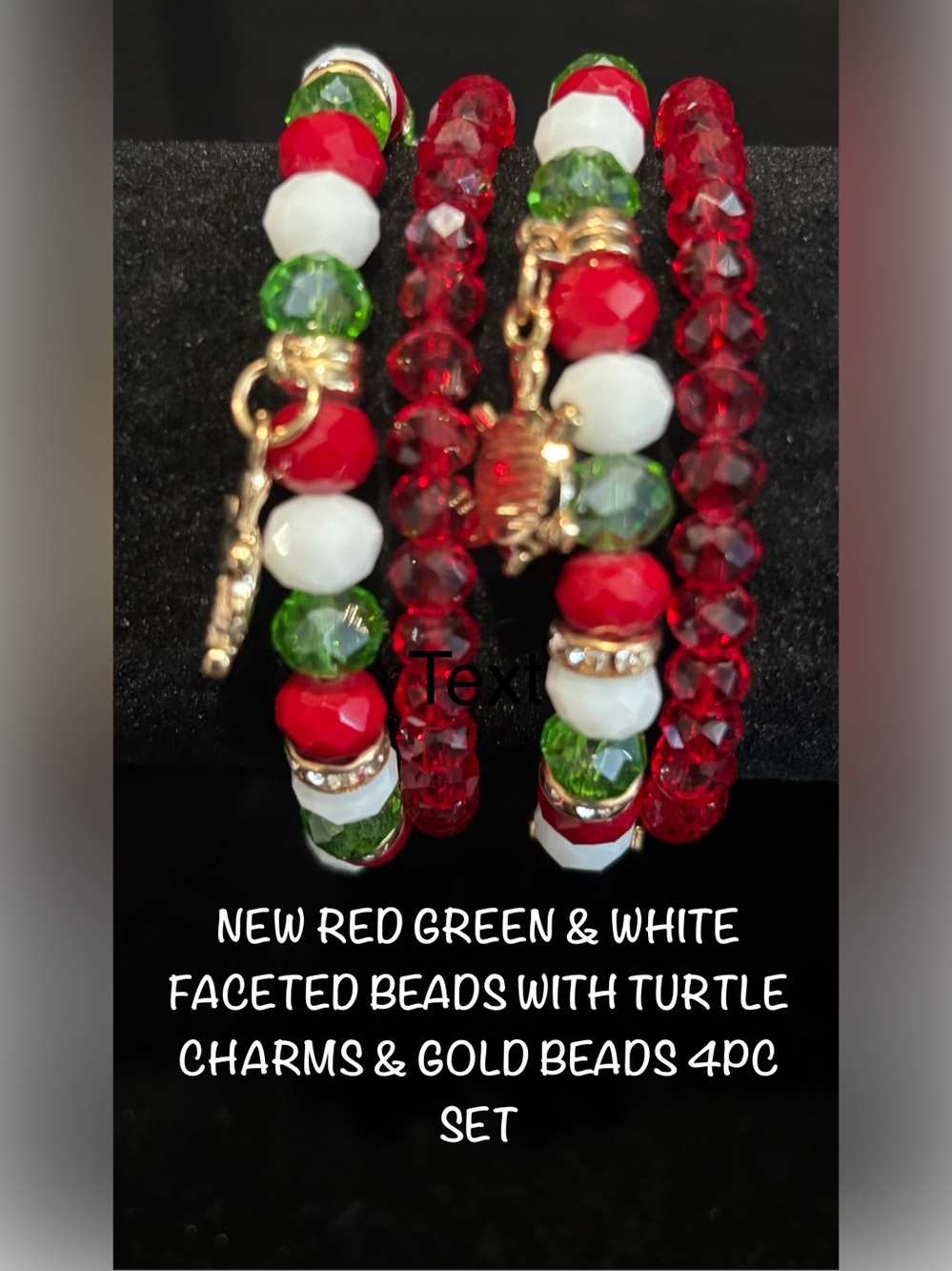 Red, Green & White Faceted Beaded Bracelets W/Gold Elephant Charms 4pc Set